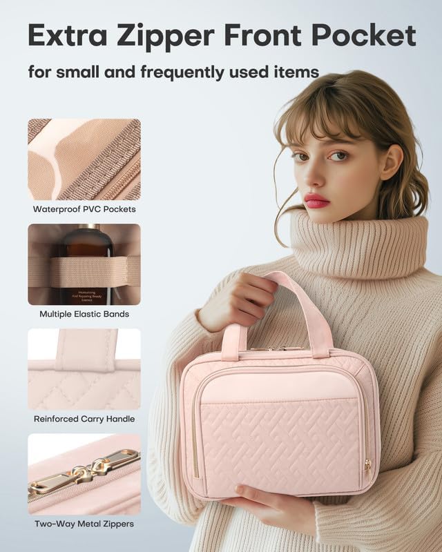 HOTOR Travel Toiletry Bag for Women & Men, Waterproof Makeup Bag with Hanging Hook and Multiple Pockets, Cosmetic Bags for Women, Travel Essentials, 11.2'' x 3.2'' x 8.9'', Pale Pink