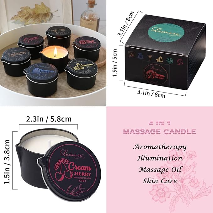 All Natural Soy Wax Warm Body Massage Oil Candle for Relaxation & Skin Care, Home Scented Aromatherapy Candle Gift Set Cream Cherry Scent 2.35 OZ