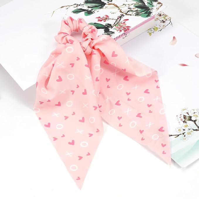 Valentine's Day Hair Ties XOXO Pink Heart Hair Scrunchies for Women Girls Elastic Love Hair Tie Ribbon Valentine's Day Hair Bows Hair Accessories Gifts