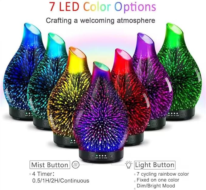 Essential Oil Diffuser 120ML -3D Firework Glass Aromatherapy Diffusers for Essential Oils with 4 Timer Setting Auto Shut-Off Silent Operation 7 Colors Lights Changing for Room, Office, Yoga