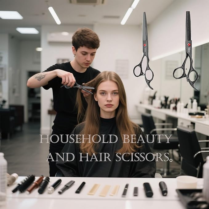 Hair Scissors Professional Set - Steel Barber Shears with Offset Handle, Thinning & Straight Scissors for Salon & Home Hair Cutting