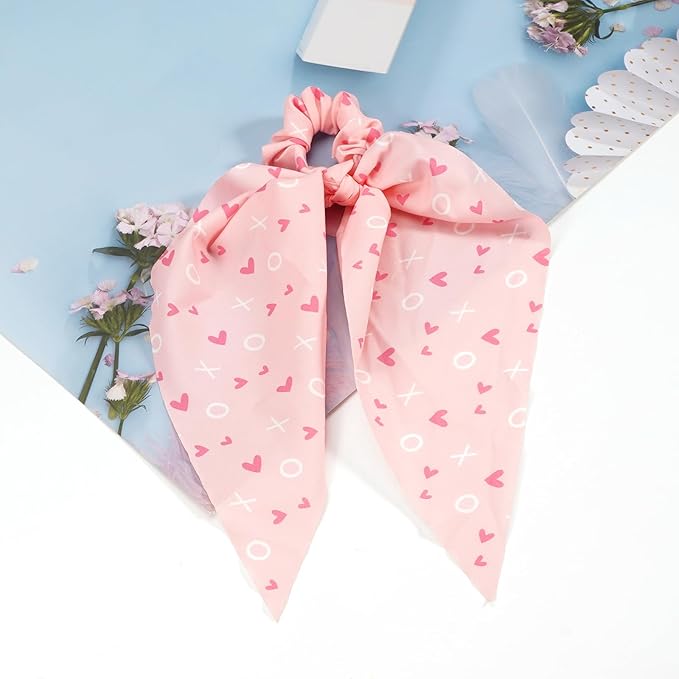 Valentine's Day Hair Ties XOXO Pink Heart Hair Scrunchies for Women Girls Elastic Love Hair Tie Ribbon Valentine's Day Hair Bows Hair Accessories Gifts