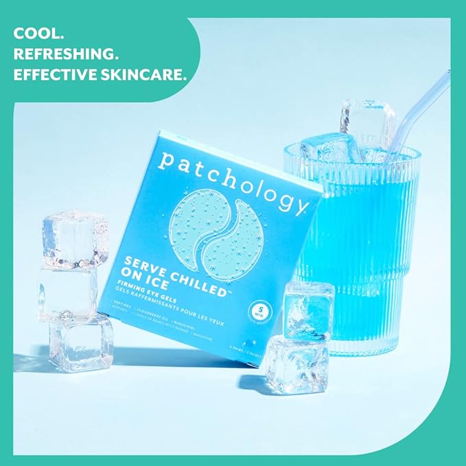 Patchology Iced Cooling Under Eye Mask Patches with Peptides, Cloudberry Oil and Bakuchiol. Cool eye gels to firm skin and soothe, reduce fine lines and under eye bags 5 Pair