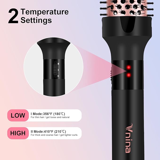 1.5 Inch Thermal Brush for Blowout Look, Heated Round Hair Straightening Curling With 2 Temp Settings, Ceramic Iron for Medium & Long Hair, Dual Voltage for Travel