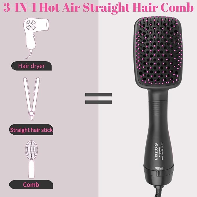 1 Step Ionic Hair Straightener and Dryer Brush - Negative Ion Hot Air Styling Tool for Smooth Hair - All Hair Types