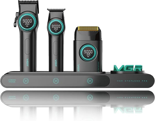VGR 3 in 1 Professional Barber Clippers Set of Hair Clipper Trimmer Foil Shaver, Cordless Haircut Kit with Upgraded Powerful Motor, Integrated Charging Station, LED Display, Storage Box, Black