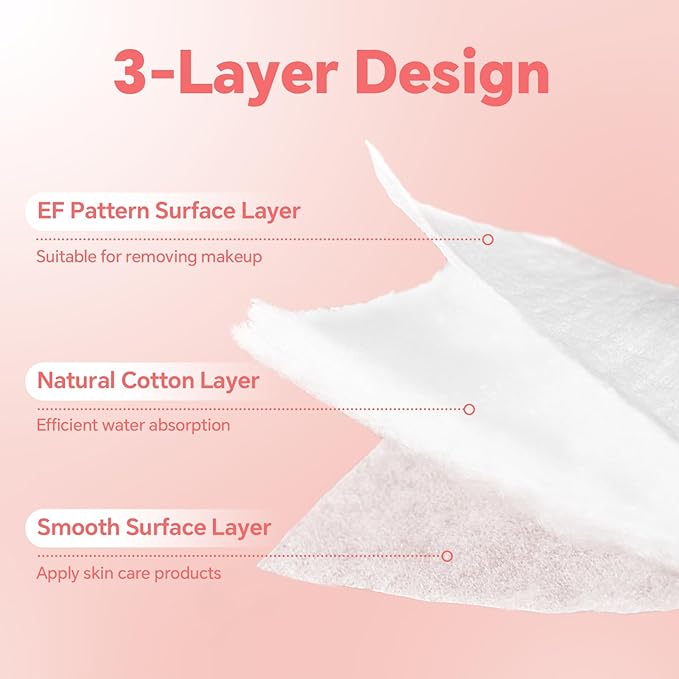 Square Cotton Pads 240 Count, Triple-Layer Design, Lint-Free & Durable, Dual-Sided Textured and Soft Pads for Makeup Removal, Facial Cleansing, Toner & Daily Skin Care