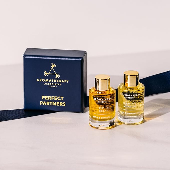 Aromatherapy Associates Perfect Partners Gift Set. 2 Premium Bath and Shower Oils (0.3 fl oz each) in Decorative Gift Box. Includes Deep Relax and Revive Morning Blends