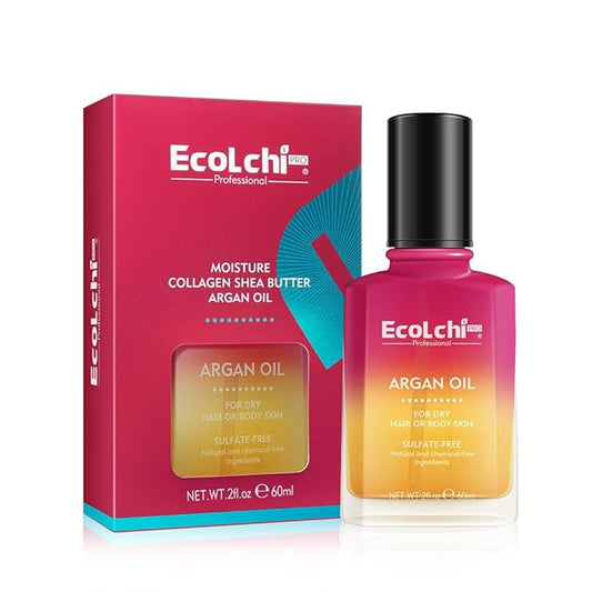 Ecolchi Argan Hair Oil Hair Serum Cold Pressed Weightless Vitamin E Argan Oil Hair Treatment for Dry Damaged Hair Body Skin 60ml