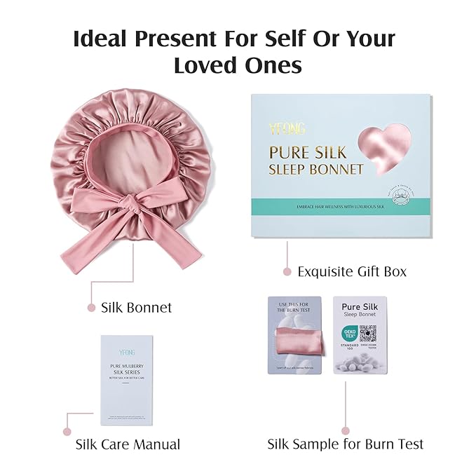 YFONG 100% 22 Momme Mulberry Silk Bonnet for Sleeping Women, Larger Double Layer Silk Hair Wrap for Curly Short Long Hair, Non-Slip Sleep Cap Turban with Elastic Tie Band for Hair Care, Pink