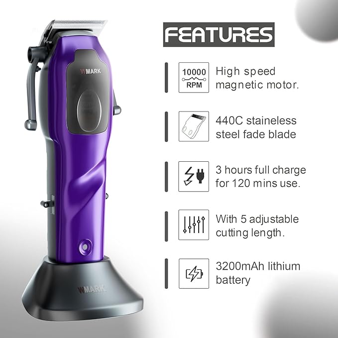WMARK 2023 NG-9003 HighSpeed Professional Hair Clipper Microchipped Magnetic Motor10000 RPM 9V Motor with Charge Stand (NG-9003 Purple)