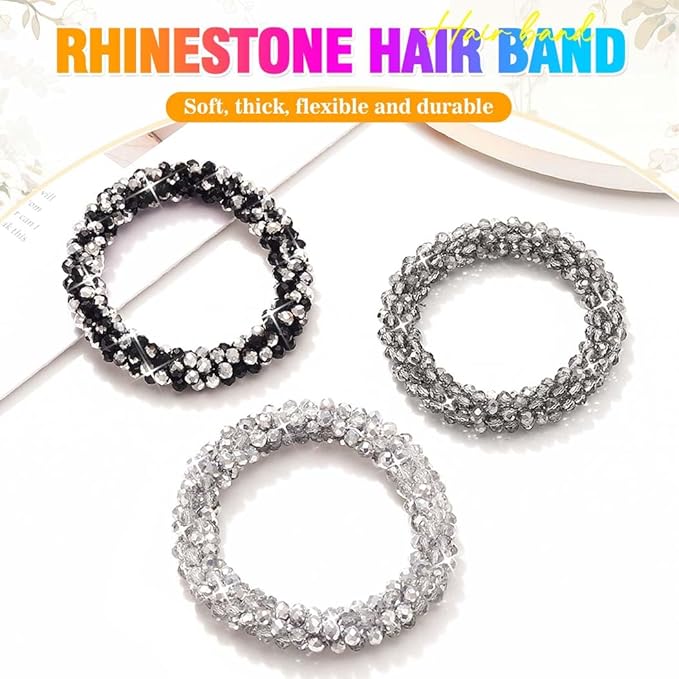 Fashey Rhinestone Hair Ties Silver Elastic Ponytail Holders 3 Pcs Crystal Hair Scrunchies Hair Accessories for Women