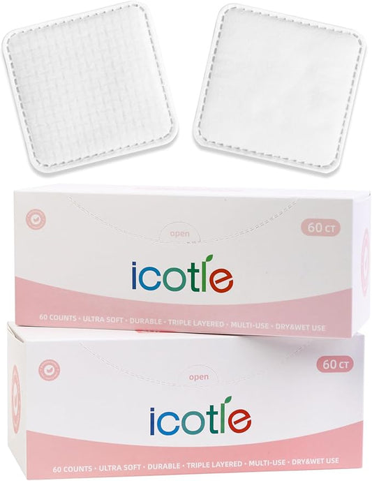 Clean Pads, 120 Count Not to Shed & Tear Face Pads, Unique Triple Layers, Textured & Ultra Soft Side, Square Cotton Pads for Makeup Removal, Cleansing, Skin Care etc.