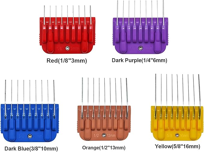Professional Animal Stainless Steel 5 Color Guide Comb Set Compatible with andis Oster A5 wahl km10 10#/15#/30# Detachable Blade，Cutting Length 3mm-16mm