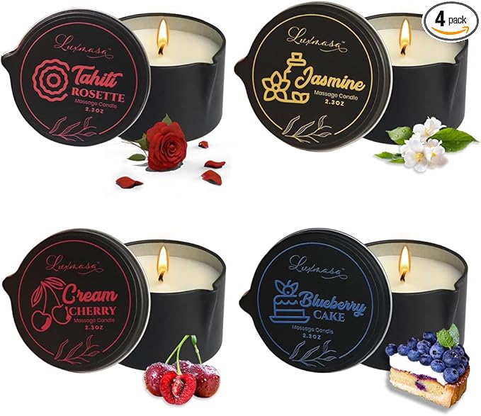 All Natural Scented Home Relaxing Massage Candle Oil Wax for Skin Care, Essential Oil Infused SPA Candle Pack of 4-9.4OZ(2.35OZ*4)-Tahiti,Jasmine,Cream Cherry, Blueberry Cake