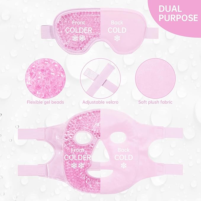 ZNÖCUETÖD Face Eye Mask Ice Pack for Reducing Puffiness, Bags Under Eyes, Puffy Dark Circles, Migraine,Hot/Cold Pack with Soft Plush Backing (Pink-(1*Eye Mask+1*Face Mask))