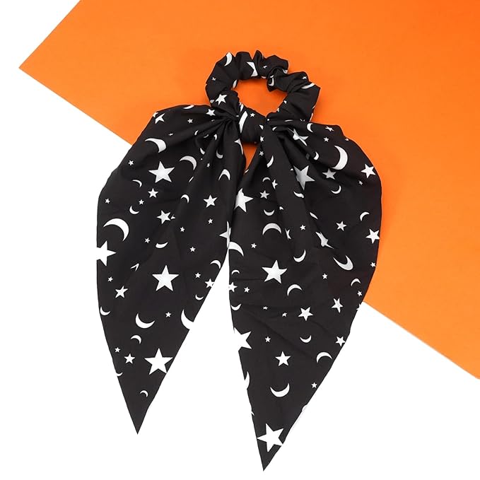 Moon Star Hair Ties for Women Girls Spooky Halloween Hair Scrunchies Black White Hair Tie Ribbon Hair Bows Halloween Party Gifts Hair Accessories