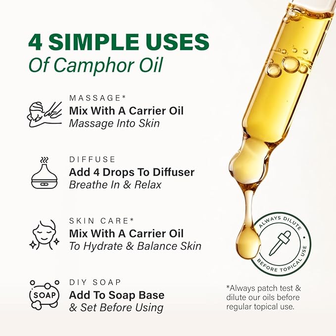 KUKKA Camphor Essential Oils - 4 Fl Oz - for Hair, Skin, Diffuser, Aromatherapy & DIY Soap Making Scent