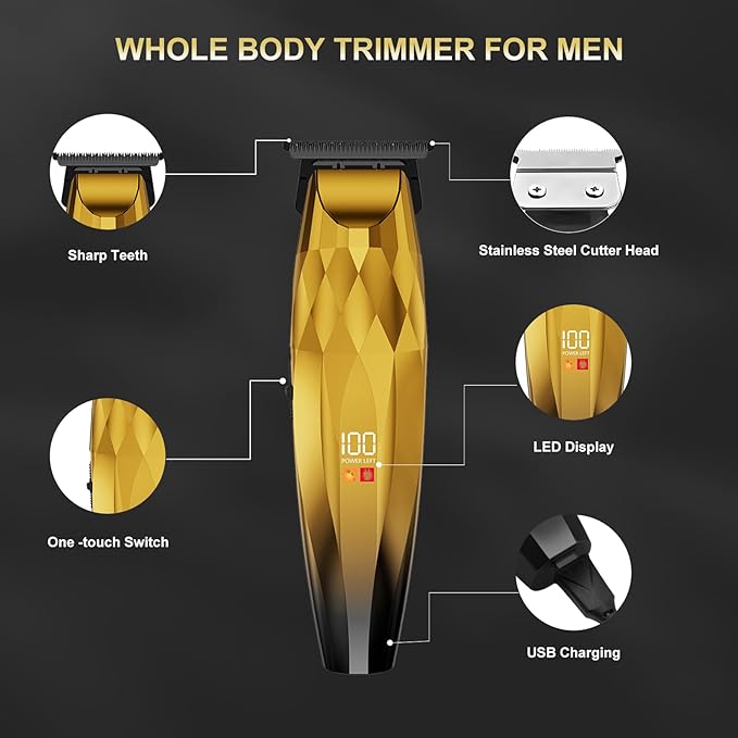 2-in-1 Professional Hair Clippers Set,Cordless Hair Clippers and T-Blade Trimmer Kit for Men,LCD Display,USB Rechargeable,Adjustable Guards,Waterproof,Beard & Body Grooming Kit (Gold)