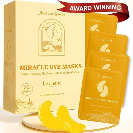 LE GUSHE Gold Under Eye Patches for Puffy Eyes and Dark Circles (20 Pairs) - Hydrating Collagen Under Eye Masks with Snail Mucin - Soothing Puffy Eyes Treatment for Women & Men - Bridesmaid Gifts