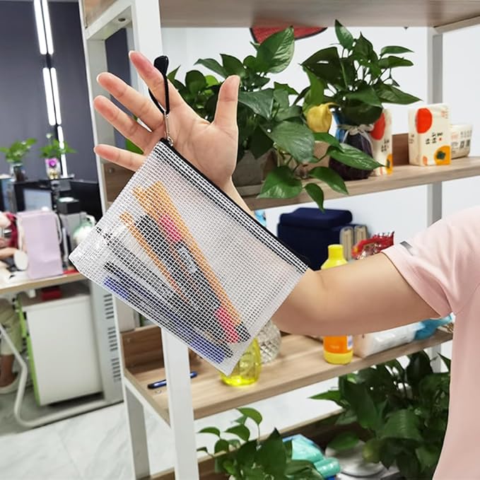 AUSTARK 10 Pcs Zipper File Bags, Waterproof Plastic Mesh Pouch for Office School, Board Game Storage Bags (B6 Size 7.6''x5.3'', White and Black)