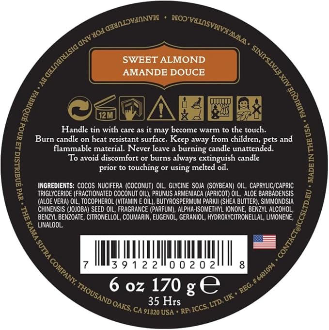 KAMA SUTRA Ignite Massage Candle - Coconut Oil and Soy Based - Sweet Almond, 6 oz/170 g Sore Muscle Massage Oil - Moisturizing - Natural Therapy Oil - Warming, Relaxing, Sensual Massage