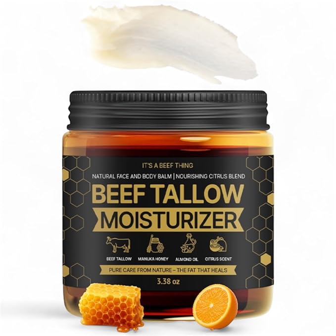 100% Grass-Fed Beef Tallow Balm with Manuka Honey, Almond Oil & Light Citrus Scent – Organic Whipped Moisturizer for Hydrating Face, Body & Dry Skin (3.38oz)