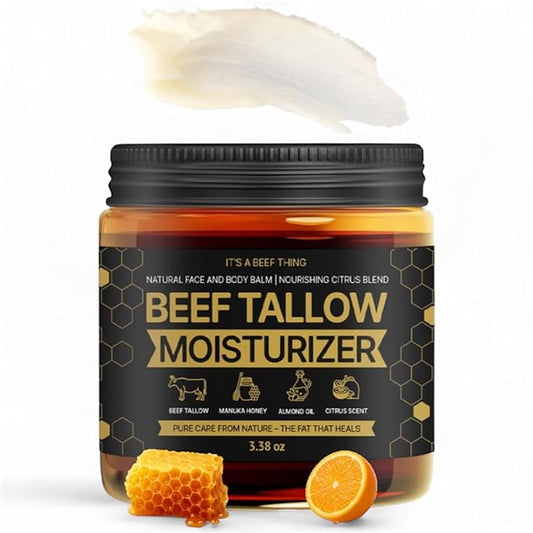 100% Grass-Fed Beef Tallow Balm with Manuka Honey, Almond Oil & Light Citrus Scent – Organic Whipped Moisturizer for Hydrating Face, Body & Dry Skin (3.38oz)