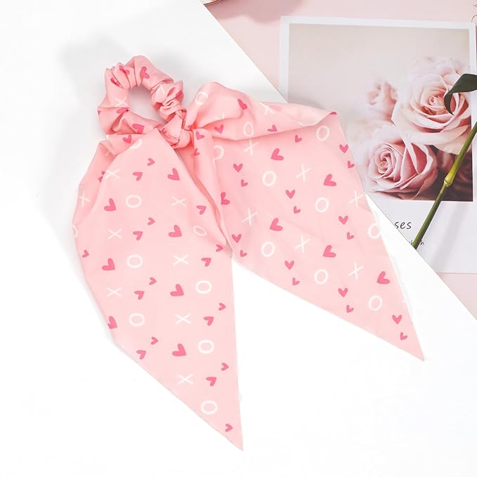 Valentine's Day Hair Ties XOXO Pink Heart Hair Scrunchies for Women Girls Elastic Love Hair Tie Ribbon Valentine's Day Hair Bows Hair Accessories Gifts