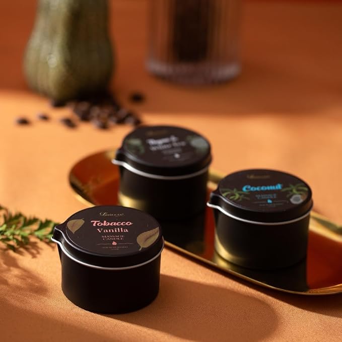 Massage Oil Candle 3 Pack,Coconut Oil Based-Daily Moisturizing Body Oil Relaxing-Natural Therapy Oil Scented Candle-6.9OZ (Coconut, Tobacco Vanilla, Thyme & White Tea)