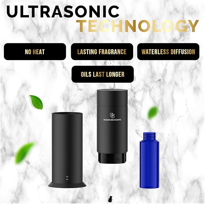 Waterless Essential Oil Hotel Scent Diffuser - Cold Air Diffuser - Covers 1000 sq. ft. - Waterless Diffuser for Home, Office & Hotel (Black + Interchangeable Sleeve) (Black + Gold Sleeve)