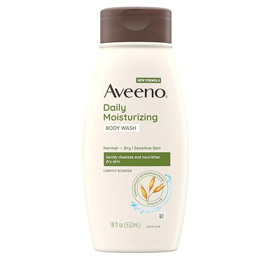 Aveeno Daily Moisturizing Body Wash for Dry & Sensitive Skin + Prebiotic Oat, Oat Body Wash & Gently Cleanses, Nourishes & Feels Hydrating on Dry Skin, Gentle & Light Fragrance, 18 fl oz