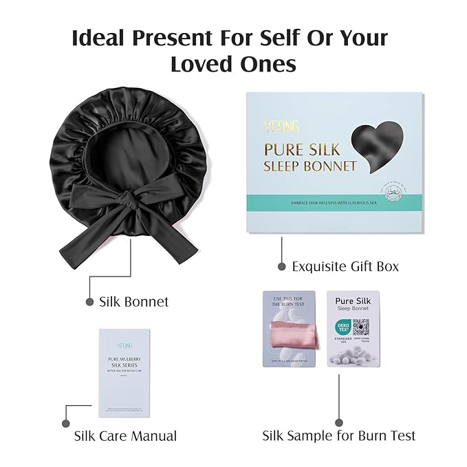 YFONG 100% 22 Momme Mulberry Silk Bonnet for Sleeping Women, Larger Double Layer Silk Hair Wrap for Curly Short Long Hair, Non-Slip Sleep Cap Turban with Elastic Tie Band for Hair Care, Black