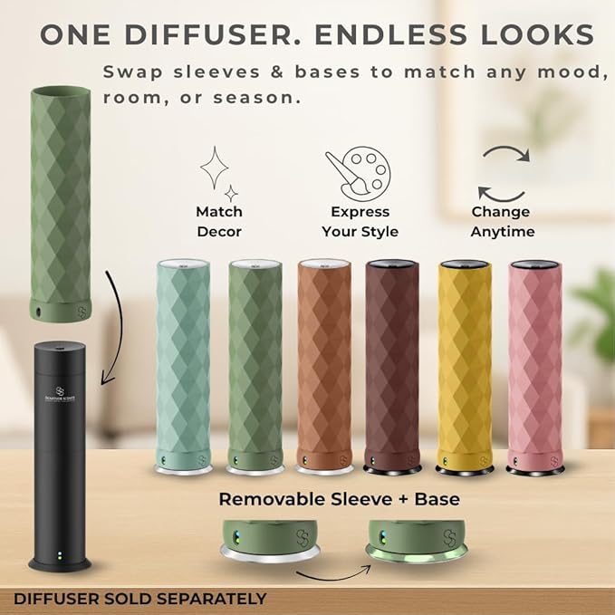 Waterless Essential Oil Hotel Scent Diffuser - Cold Air Diffuser - Covers 1000 sq. ft. - Waterless Diffuser for Home, Office & Hotel (Black + Interchangeable Sleeve) (Black + Mint Green Sleeve)