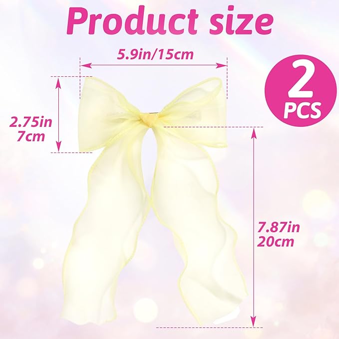 2Pcs Large Hair Bow Clips, Yellow Silk Lace Ribbon Bow for Women, Elegant Long Tail Bowknot French Hair Styling Barrette for Wedding, Parties, Daily Use