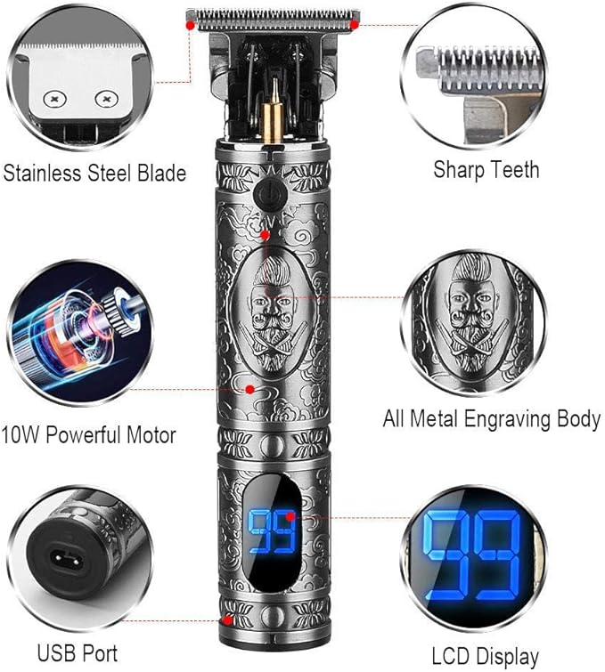 Hair Trimmer for Men, Professional Hair Clippers for Barber, Beard Trimmer for Men, Cordless Edgers Clippers, Ornate Knight T-Blade Close Cutting Trimmer with LCD, Gray