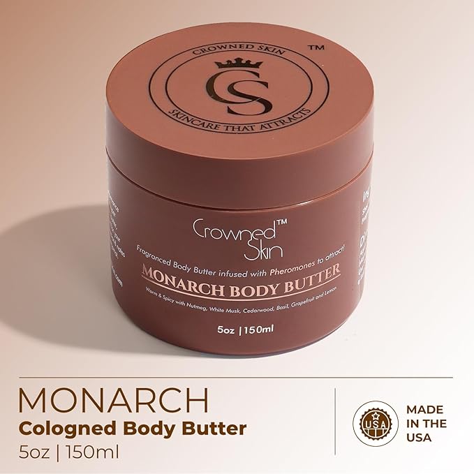 Crowned Skin Monarch Cologned Body Butter | Spicy and Bold Scent | Blended with White Musk & Cedarwood | Infused with Organic Shea & Mango Butters | Moisturizing Formula with All-Day Fragrance | 5oz