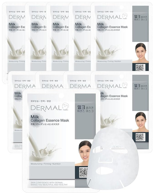 DERMAL Milk Collagen Essence Facial Mask Sheet 23g Pack of 10 - Skin Soft & Elastic, Nourishing and Moisturizing, Daily Skin Treatment Solution Sheet Mask
