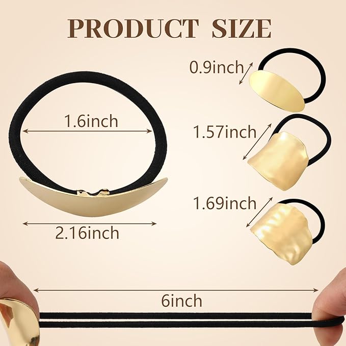 3PCS Gold Hair Ties, Metal Hair Ties for Thick Hair, Elegant Durable Geometric Design Hair Cuffs, Gold Hair Accessories Stretchy and Non-Damage Ponytail Holders 3 Style Holiday Christmas Gifts