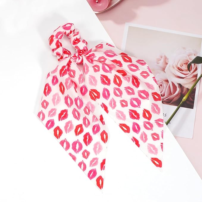 Valentine's Day Hair Ties Pink Lip Hair Scrunchies for Women Teen Girls Elastic Love Hair Tie Ribbon Valentine's Day Hair Bows Hair Accessories Gifts