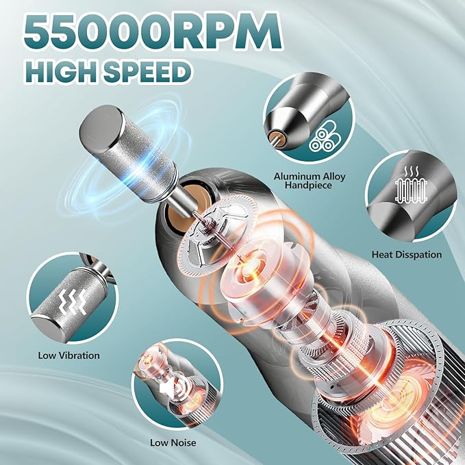 Professional Nail Drill Electric File, GEEZO 55000RPM Portable Cordless Nail Drill Machine with Bits, Rechargeable E File for Acrylic & Gel Nails, Manicure & Pedicure Tech Tool for Home Salon (Green)