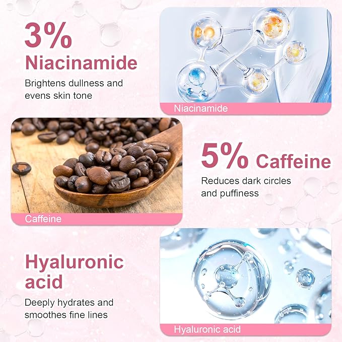 5% Caffeine Eye Serum Treatment,Hyaluronic Acid & Niacinamide, Under Eye Cream for Dark Circles, Anti Aging 360° Massage Rollerball - Reduce Puffiness, Wrinkles & Fine Lines, 0.5 fl. oz