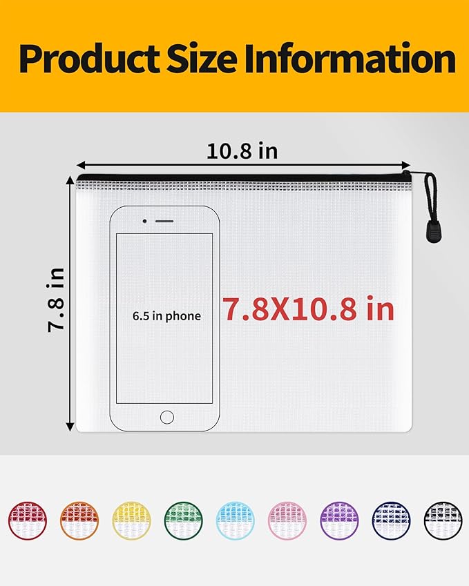 SUNEE Plastic Mesh Zipper Pouch 7.8x10.8 in (Black, 18 Packs),Extra Large Water-Resistant Zip Bag for School Office Supplies, Puzzles & Games Organizing Storage