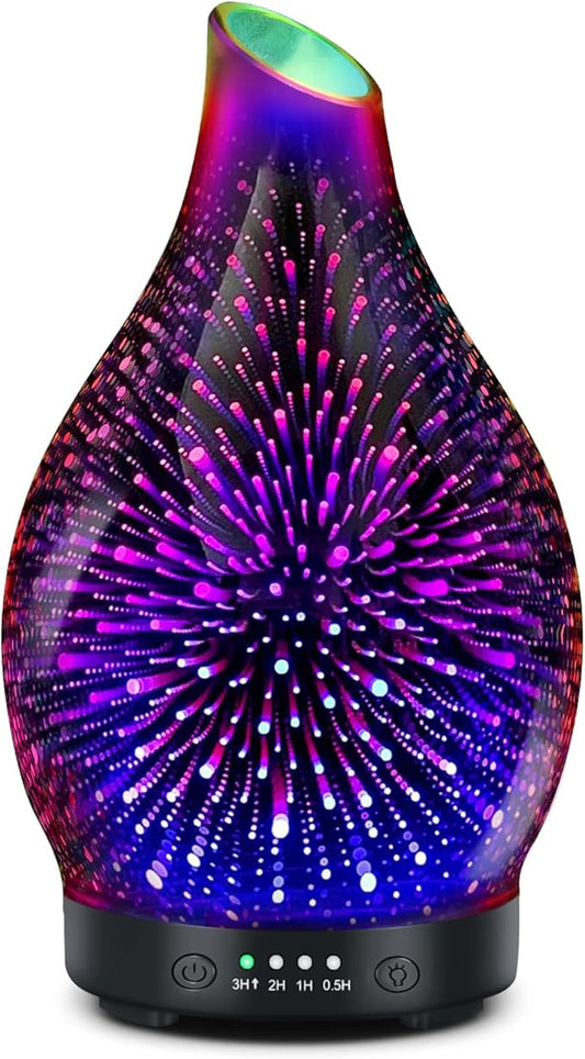 Essential Oil Diffuser 120ML -3D Firework Glass Aromatherapy Diffusers for Essential Oils with 4 Timer Setting Auto Shut-Off Silent Operation 7 Colors Lights Changing for Room, Office, Yoga