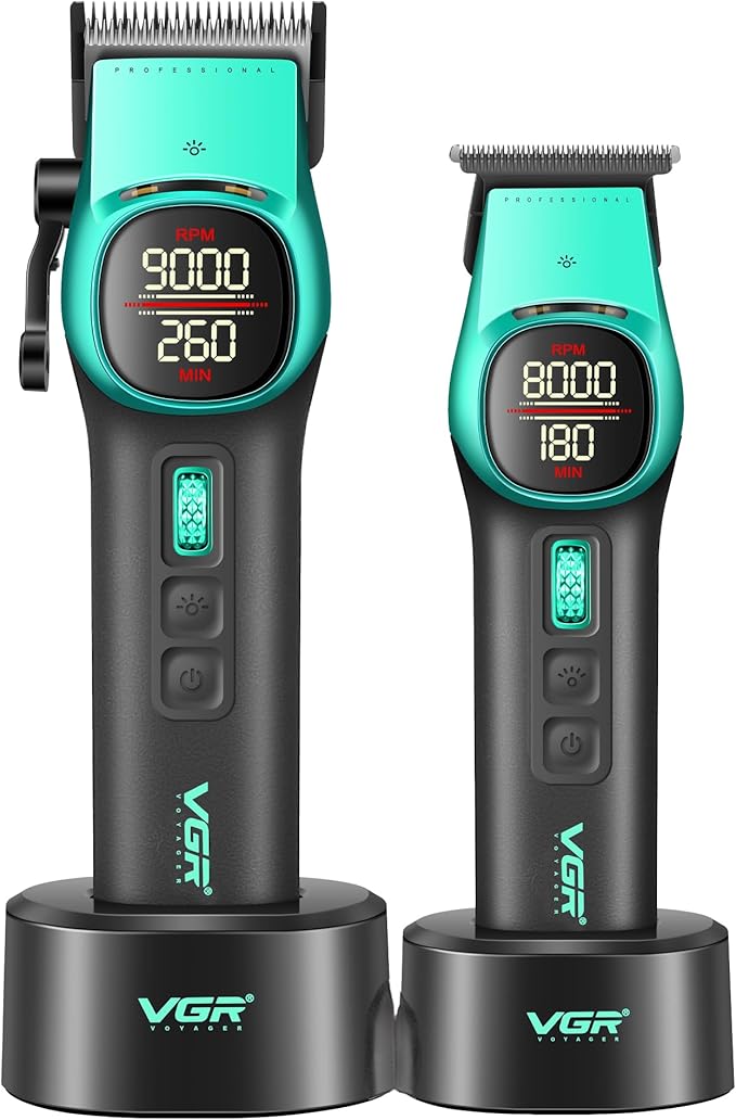 VGR 885 S2 Cordless Barber Clippers and Trimmers Kit, Professional Hair Clippers for Men, Haircut Kit with DLC-Coated Ceramic Blades, 21-Speed Roller, 2 Magnetic Charging Bases, LED Display, Green