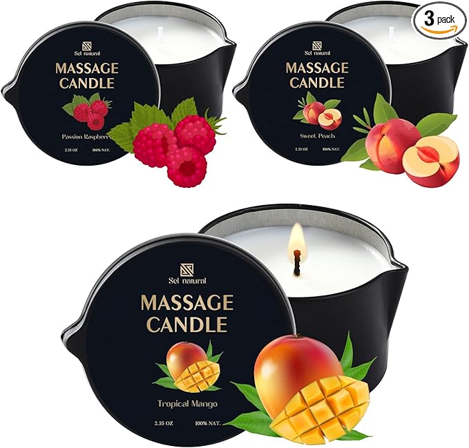 3 Pack Massage Oil Candles 2.35oz Low Temp Massage Candle Wax 3 Scent Spa Therapy Body Oil Valentines Gifts for Relaxation, Couples, or Self-Care (Sweet Peach, Passion Raspberry, Tropical Mango)
