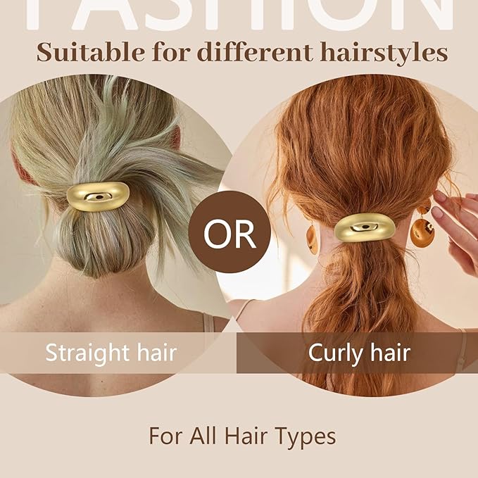 2PCS Gold Hair Ties for Women - Metal Hair Accessories for Thick Hair, Elegant and Durable Geometric Design, Ponytail Cuffs Stretchy Non-Damage Holiday Christmas Gifts