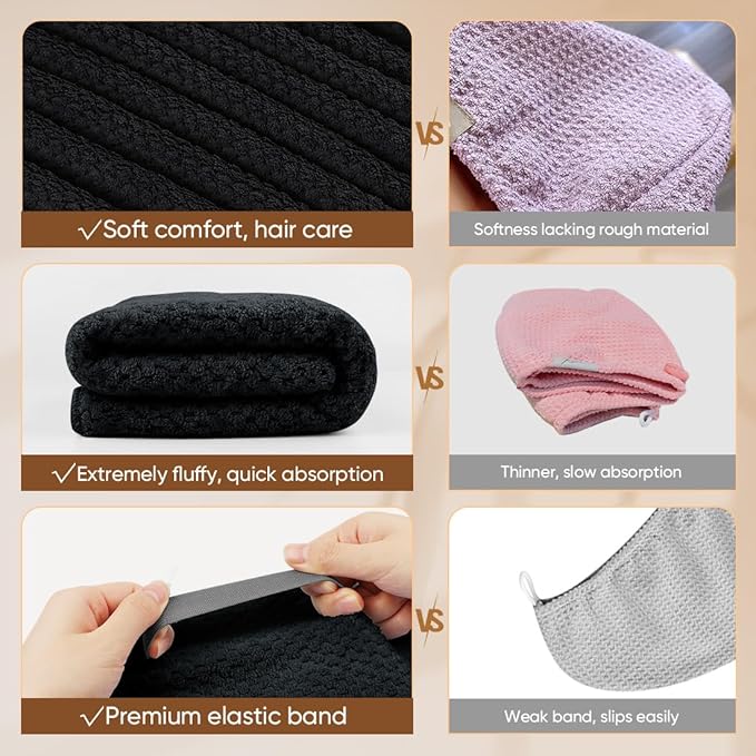 HOMEXCEL 5 Pack Large Microfiber Hair Towel Wrap for Women, Black- 40 x 20 inches Super Soft, Fast Drying Turbans for Long, Thick, Curly Hair - Anti Frizz Wrap with Elastic Strap