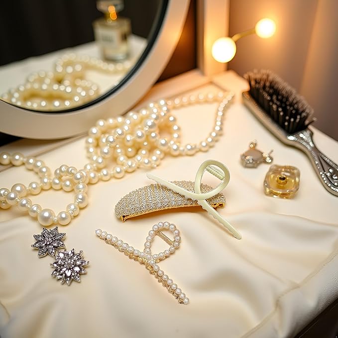 2 Pack Matte Gold and Pearl Hair Claws for Women: Large Metal Clips with Pearls for Thick Hair - Non-Slip Crab Claws and Strong Cross Barrettes