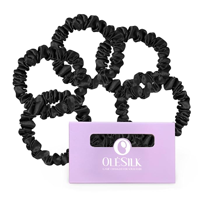 OLESILK Silk Hair Ties for Women: 100% Mulberry Skinny Silk Scrunchies, Soft Smooth No Damage No Crease for Thin Fine Curly Hair 5 Pack, Black